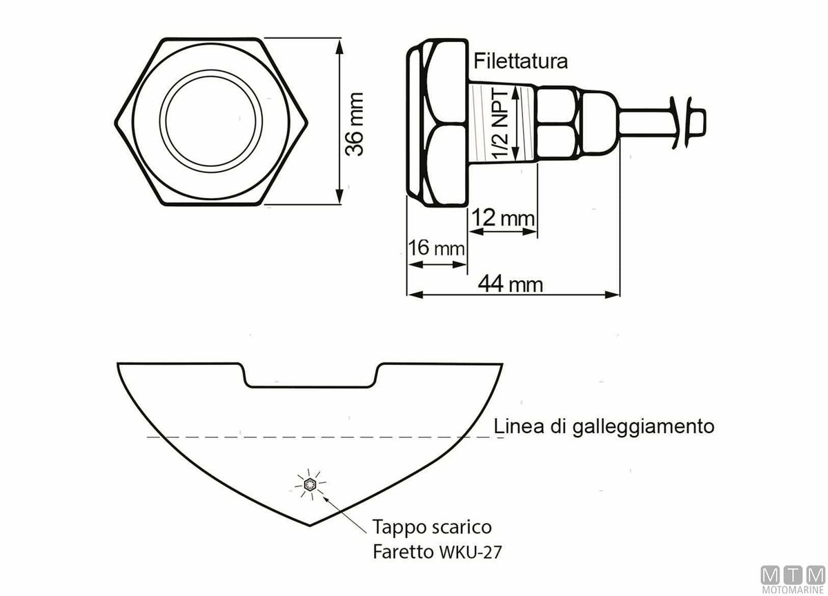 Underwater LED light white drain plug 1/2" - original photo Motomarine Srl