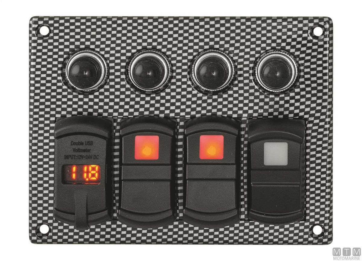 Carbon-effect panel with 7-position rocker switches + USB/voltmeter - original photo Motomarine Srl