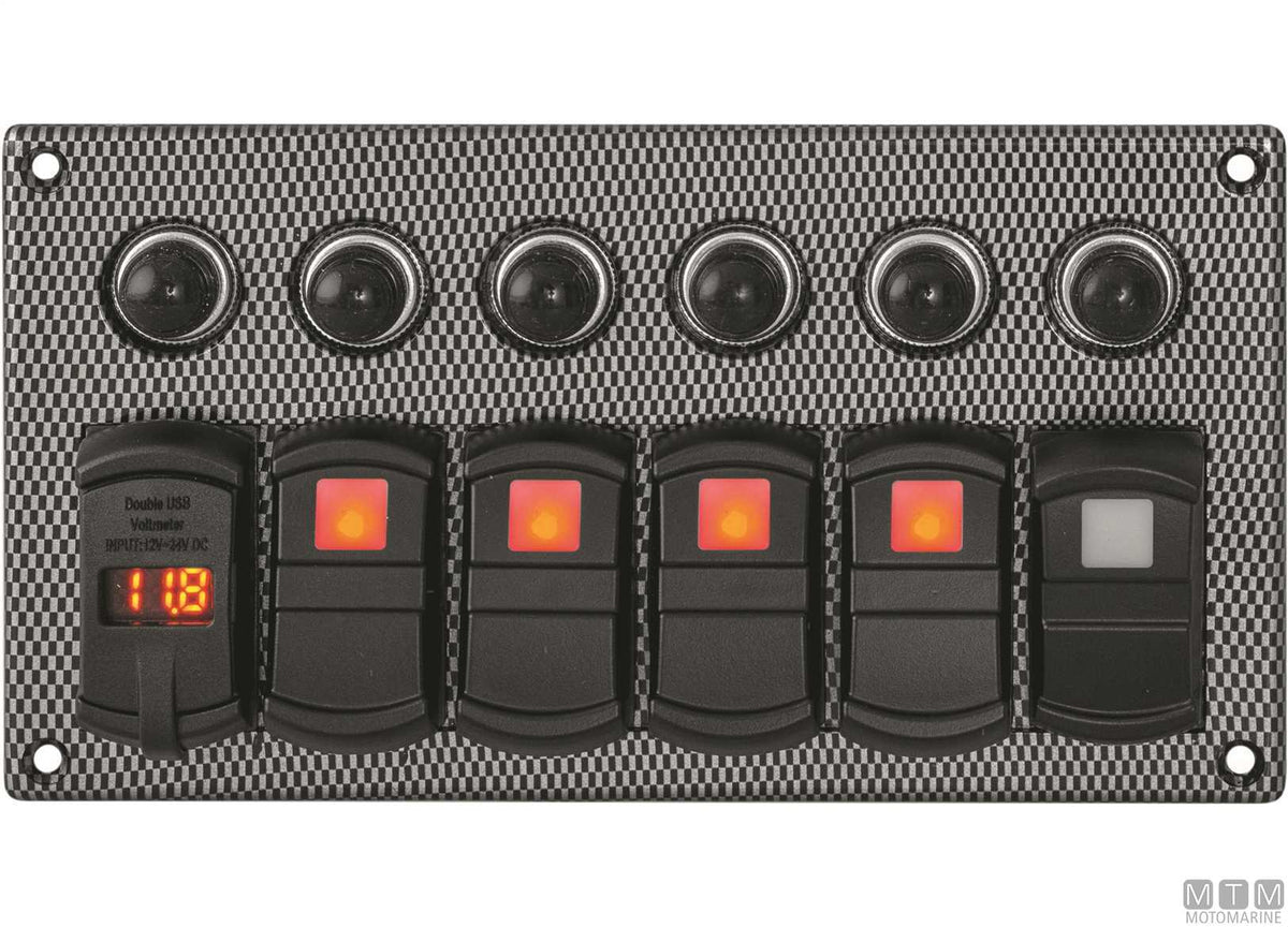 Carbon-effect panel with 7-position rocker switches + USB/voltmeter - original photo Motomarine Srl