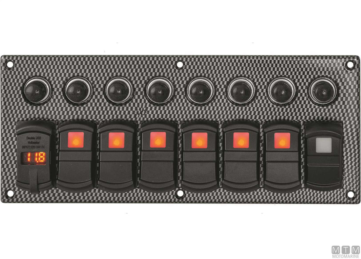 Carbon-effect panel with 3-position rocker switches + USB/voltmeter - original photo Motomarine Srl