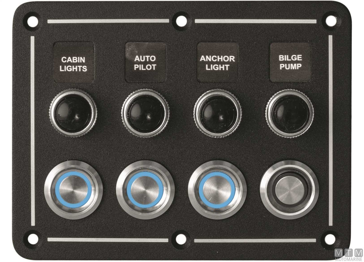 Aluminium panel with stainless steel push-buttons, 4 positions, 231x95 mm - original photo Motomarine Srl