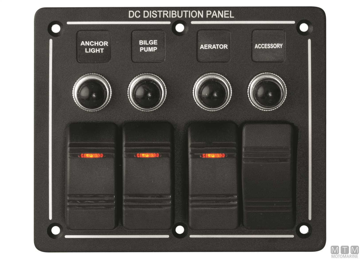Black aluminium panel with 6-position rocker switches - original photo Motomarine Srl