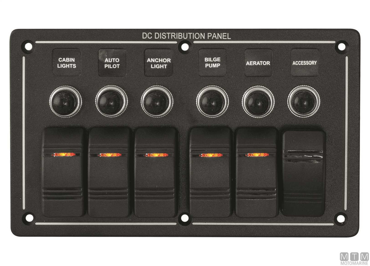 Black aluminium panel with 5+1-position rocker switches - original photo Motomarine Srl