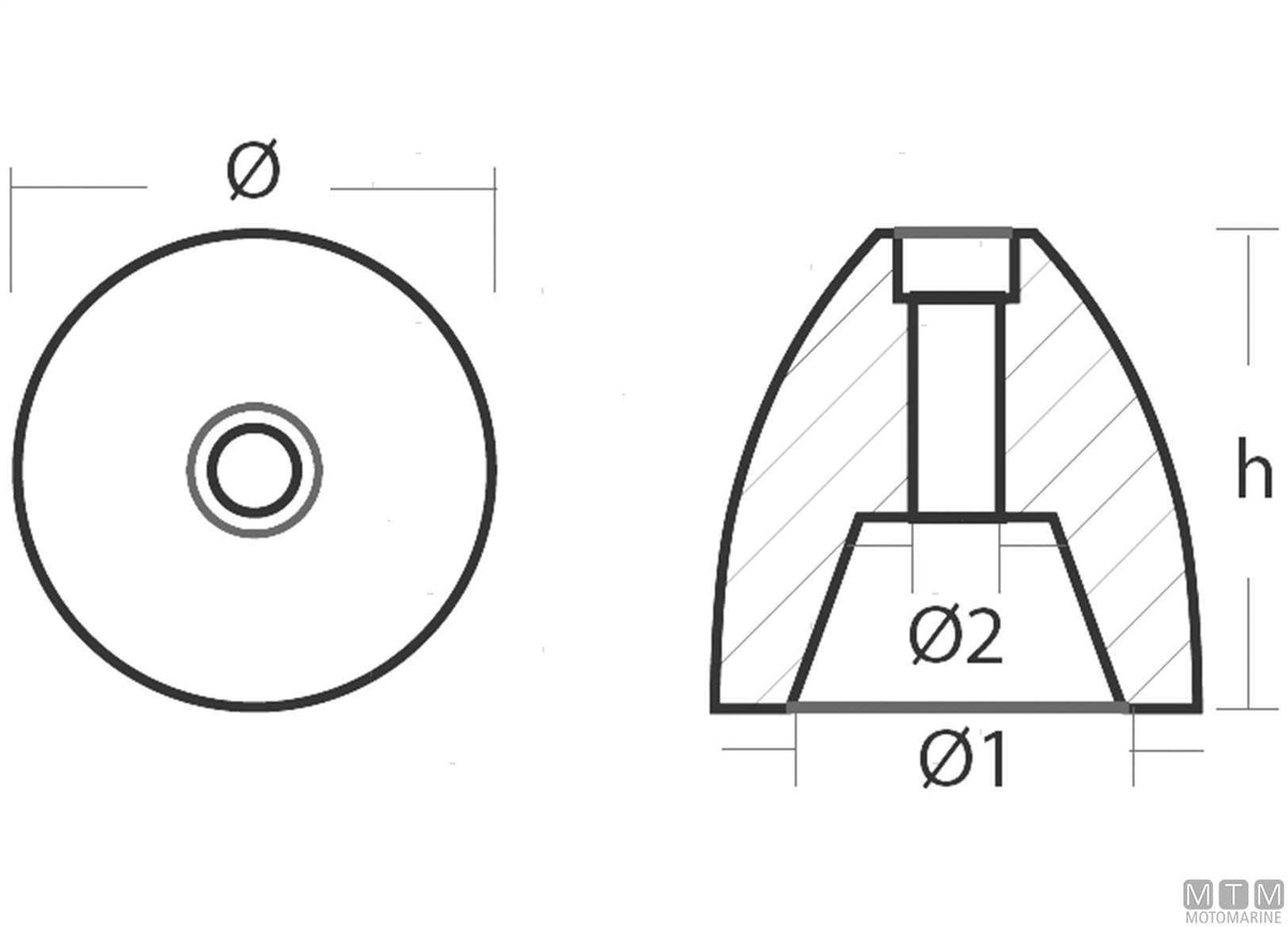 Nose cone anode for cap Ø25/30 mm zinc - original photo Motomarine Srl