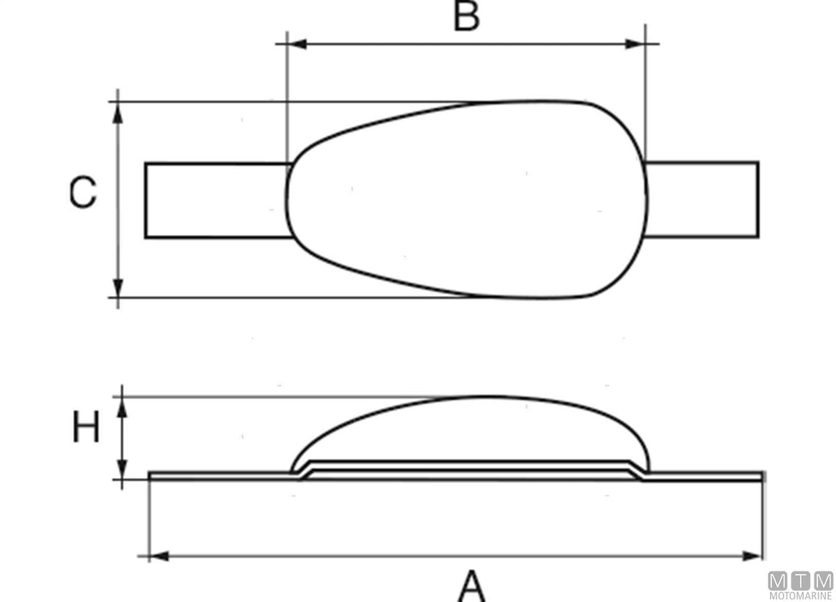 Drop-shaped plate anode with weld-on insert L160 mm 3.3 kg zinc - original photo Motomarine Srl