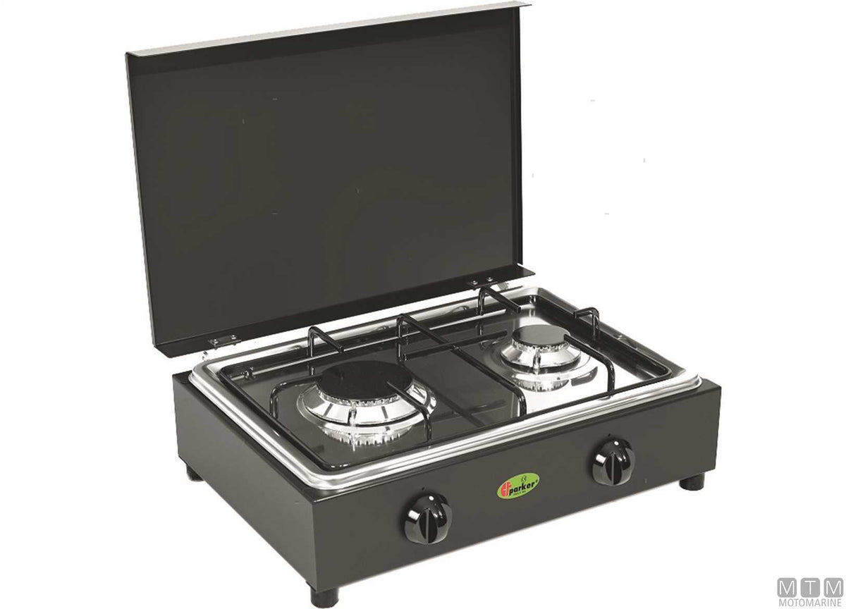 2-burner gas stove Parker 5522G black with stainless steel 18/8 top - original photo Motomarine Srl