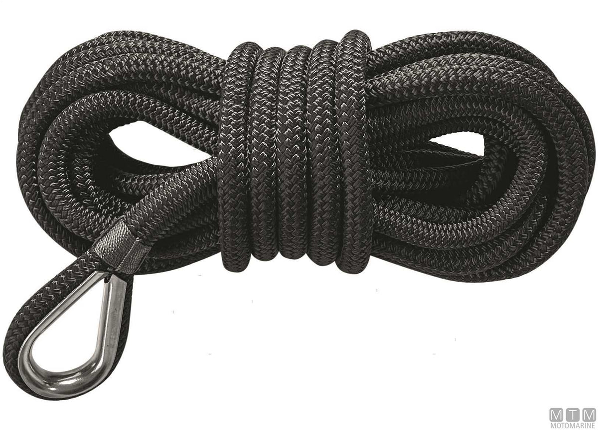 16-strand black mooring braid with stainless steel thimble Ø14 mm 10 m - original photo Motomarine Srl