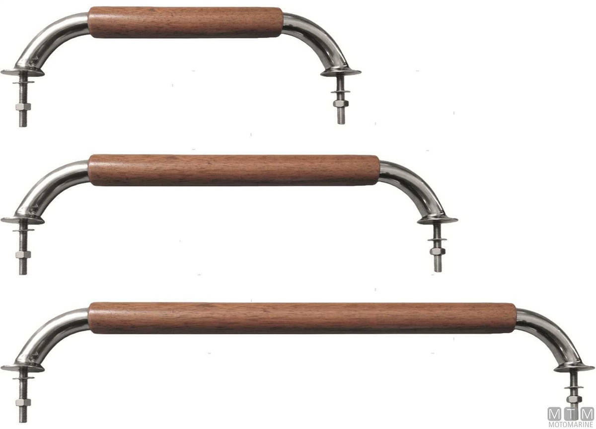 Stainless steel and teak handrail, flanged base, L457 mm - original photo Motomarine Srl