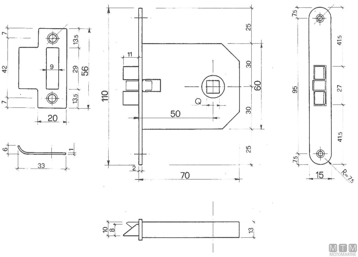Right-hand recessed lock 409714-13, flat strike in chrome-plated brass - original photo Motomarine Srl