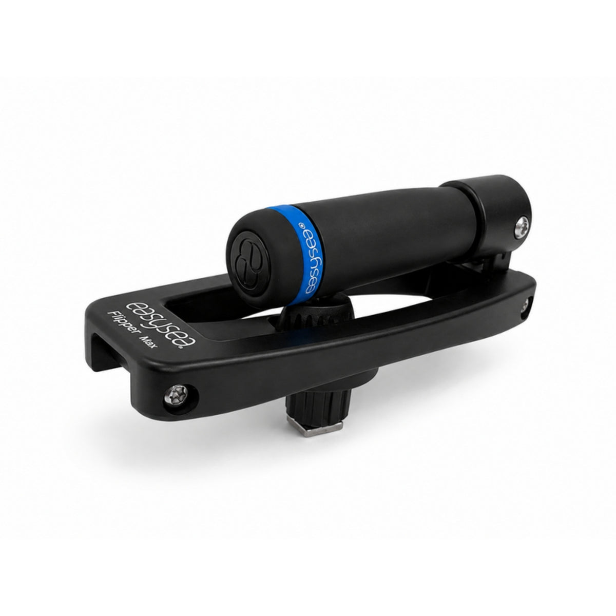 Flipper Max foldable winch handle at 45 degrees, closed, showing the CNC-machined aluminium arm and the ergonomic grip