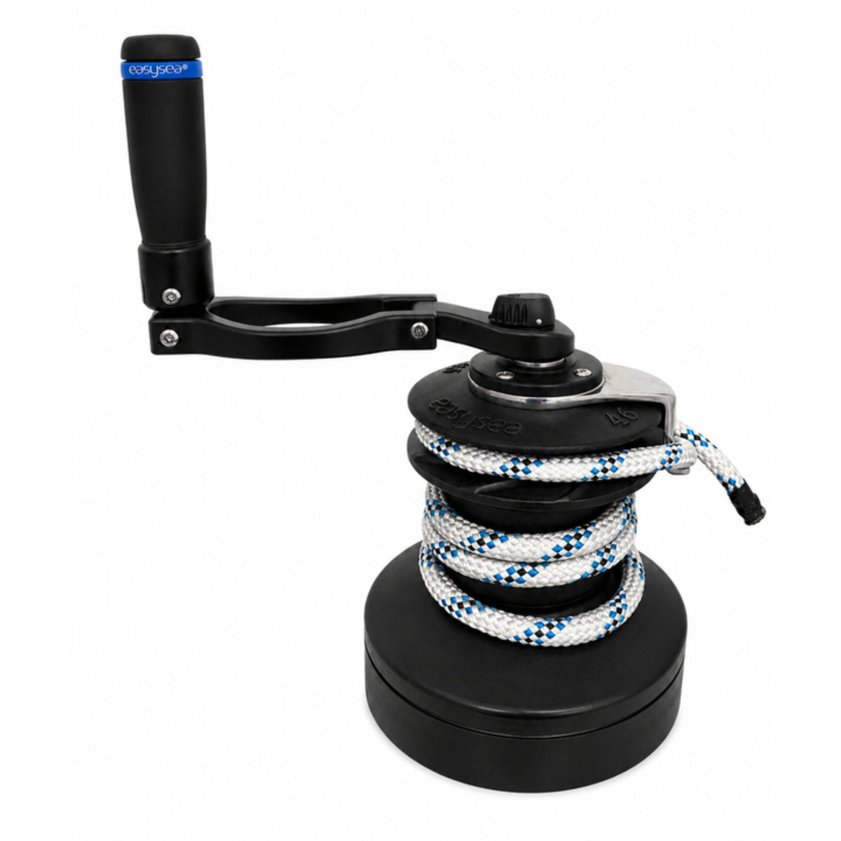 Flipper winch handle in open position on a winch, standard lever length for everyday trimming