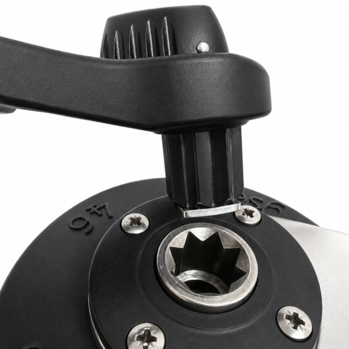 Macro detail of the standard star pin of the Flipper winch handle engaged in the winch socket