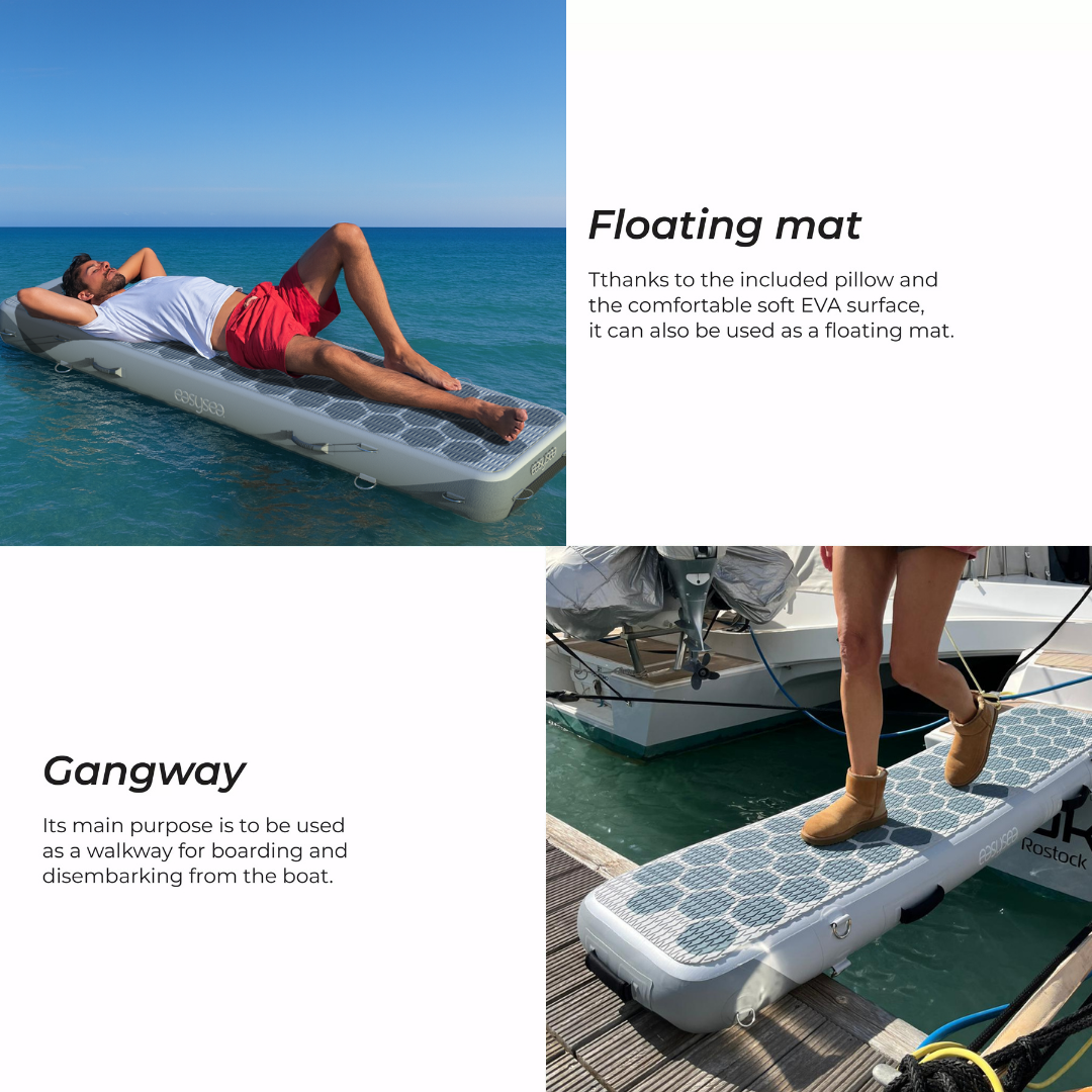 Way2 floating mat used as a relaxing inflatable platform beside the boat