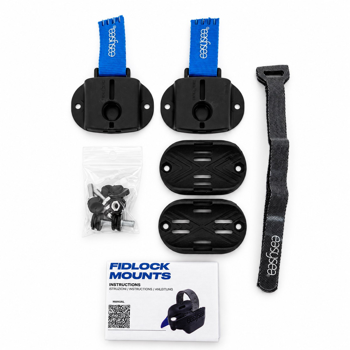 Jake Fidlock Mounts kit laid out with mount plates, blue straps, velcro strap, screws and instructions