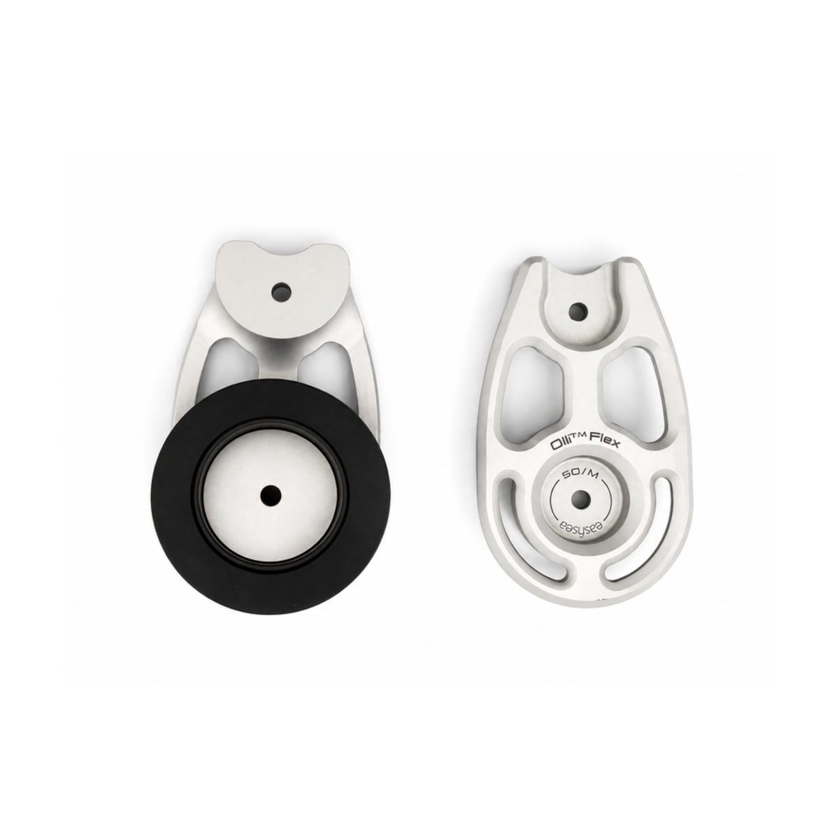 The self-lubricating POM sheave of the Olli Flex 50 M next to the machined aluminium body