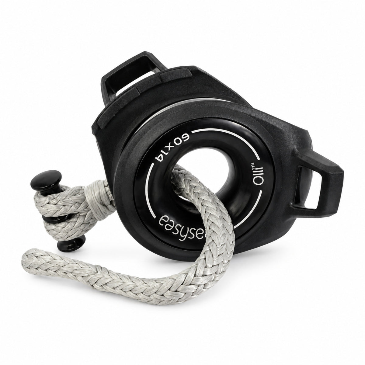 Olli snatch block opened at 45 degrees with the soft shackle attachment