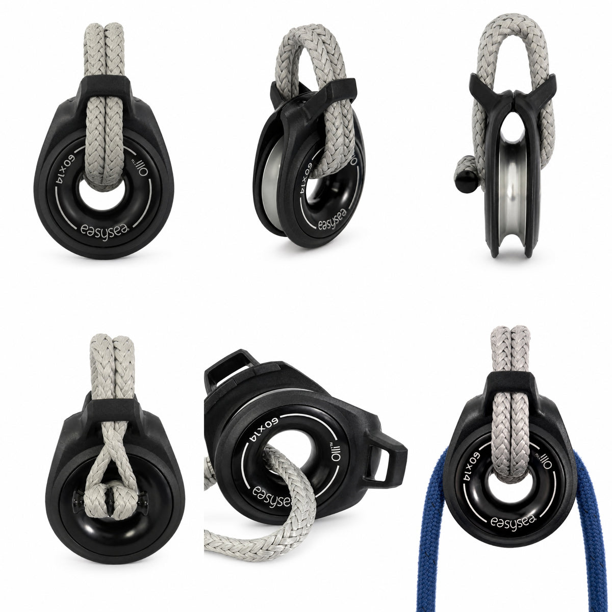 Overview of the Easysea Olli snatch block: front view, 45 degrees, side profile and open with line