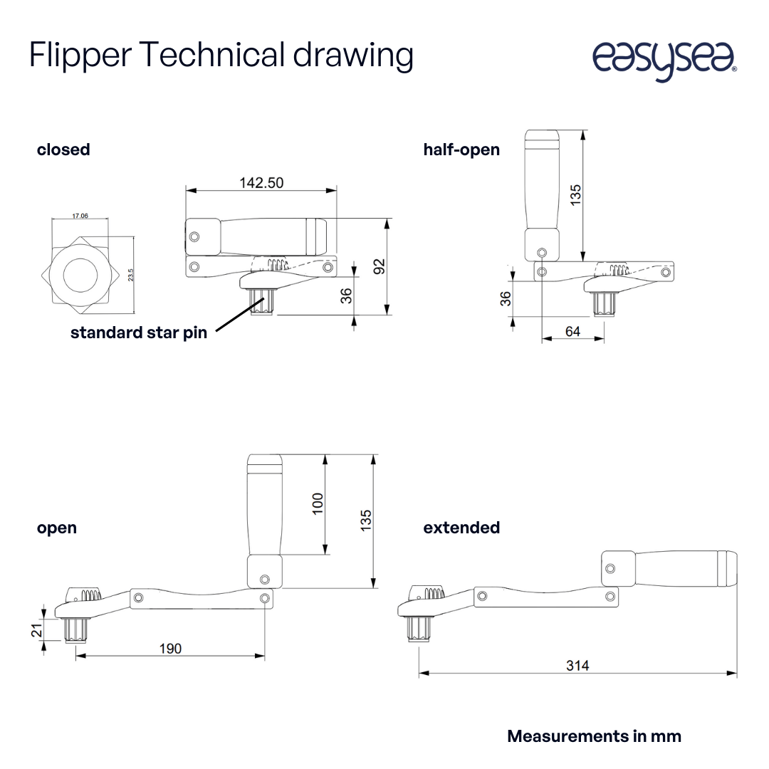 Technical drawing of the Flipper winch handle with dimensions in mm for the closed, half-open, open and extended positions